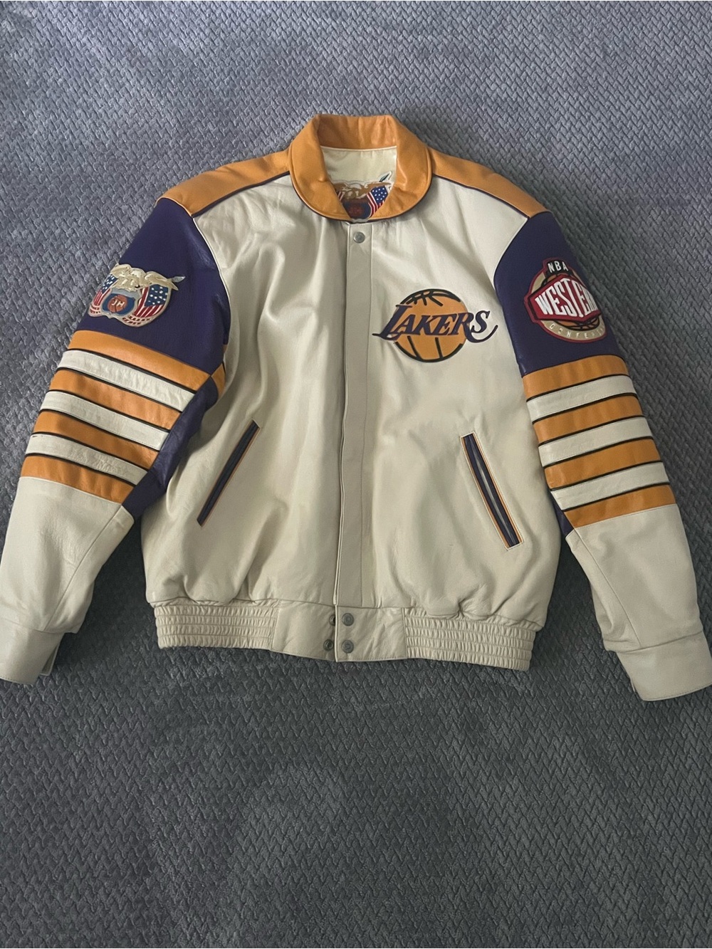 Hamilton Lakers Cream, Purple & Gold Leather Bomber Jacket